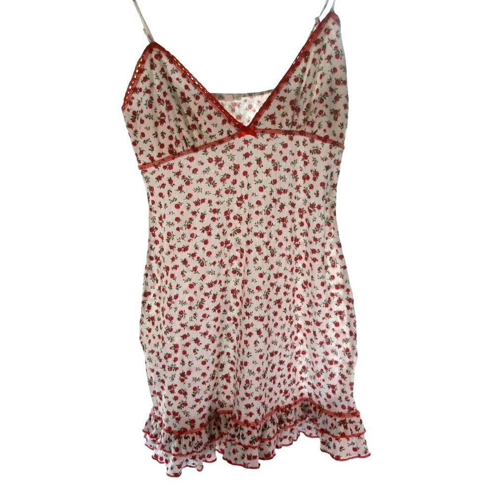Derek Heart Floral Lace Trim Cami Mini Dress White Red Ruffle Hem Size L